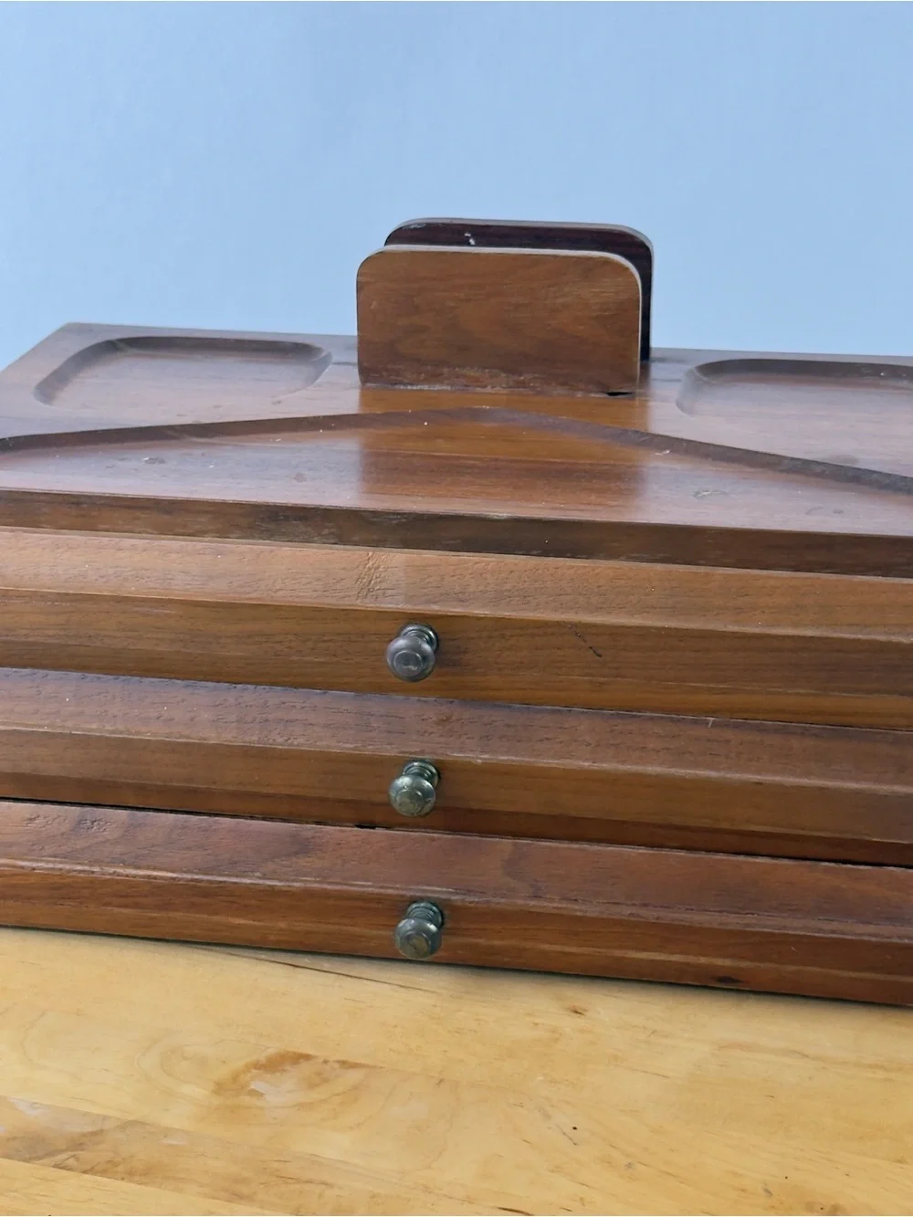 Mid Century Walnut Wood Desk Organizer Jewelry Desk Valet Box w Drawers Catchall